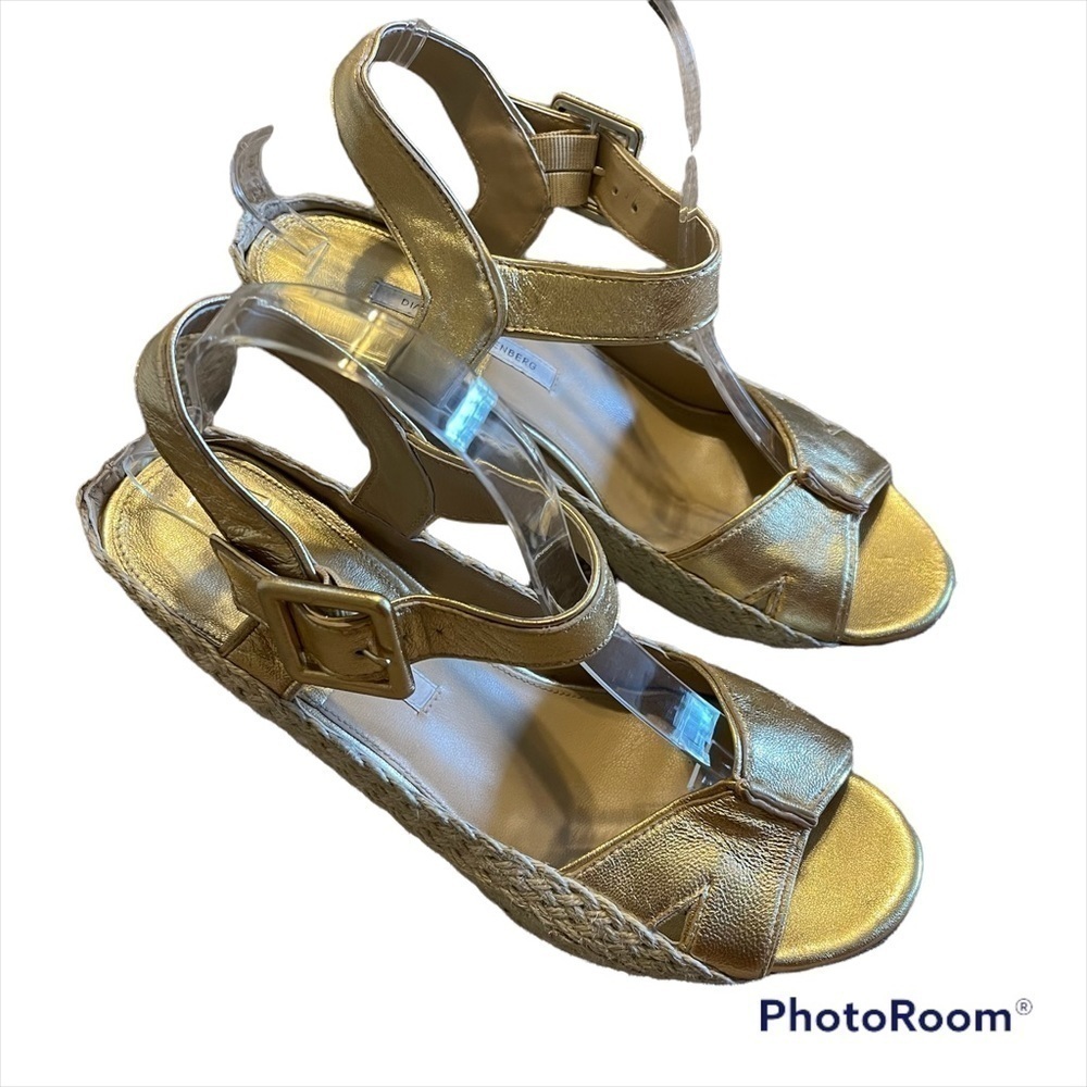 Diane von Furstenberg DVF Sudan Gold Leather Espadrille Wedge size 10M
